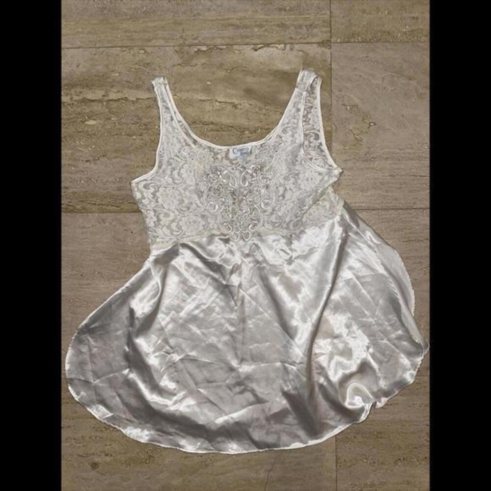 VTG 90's CINEMA ETOILE IVORY‎ NYLON LACE W Sequins Beads NIGHTGOWN SZ M
